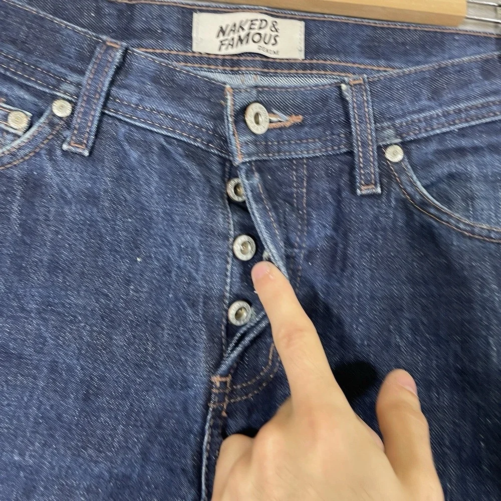 Naked & Famous Jeans Mens 34 (fit 36x33) Raw Dark Denim Button Fly Non-Selvedge